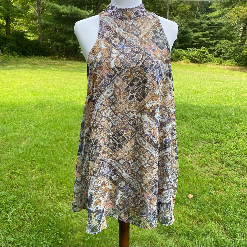 SHOW ME YOUR MUMU DRESS MINI V-RIGHT BACK CREAM BROWN BLUE SLEEVELESS SIZE M